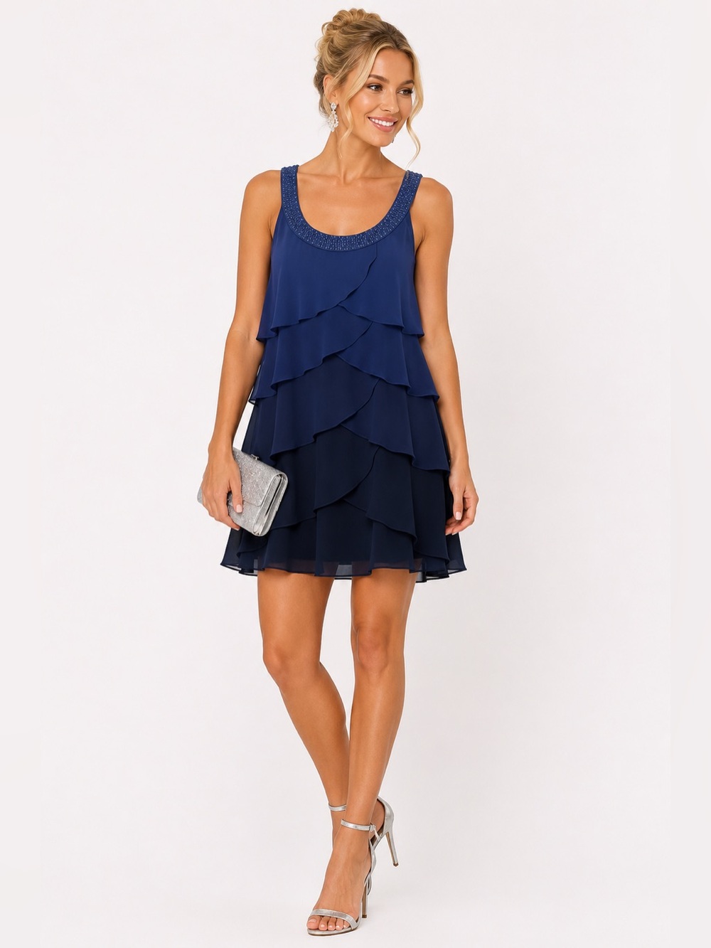 RB Collection Navy Beaded Scoop Neck Ombré Tiered Mini Dress